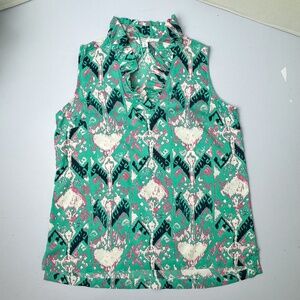 Crown & Ivy Ikat Print Ruffle Neck Sleeveless Blouse Green Pink Rayon S